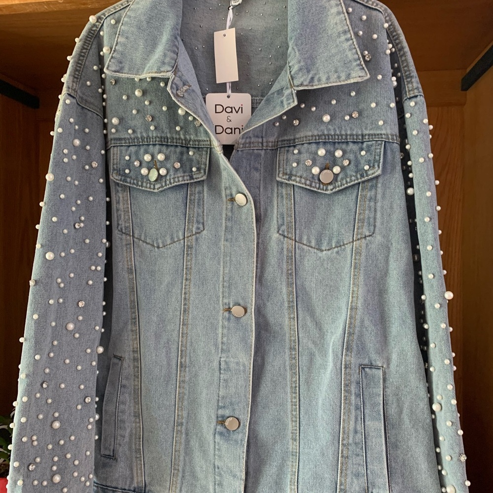Davi & Dani Light Blue Pearl Studded Jean Jacket